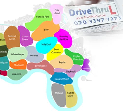 DriveThruL driving school cars over a map of the London areas covered