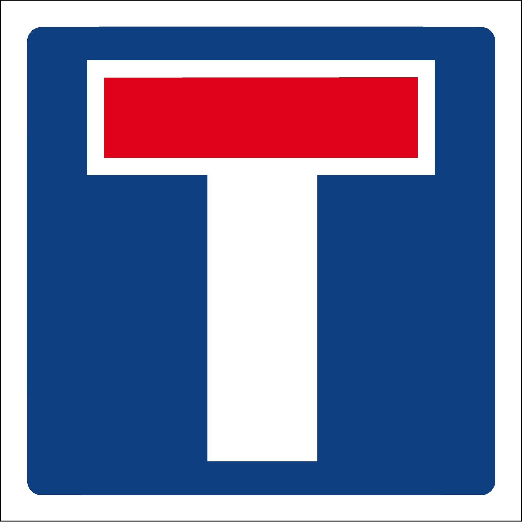 UK no through road sign showing dead end T-shape on blue background